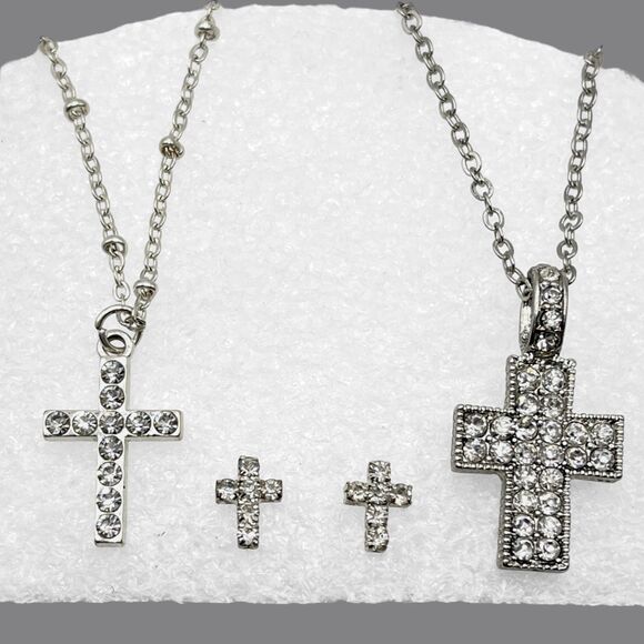 Unbranded Jewelry - Rhinestone Cross Necklace Earrings Lot Silver Tone Christian Religious Jewelry
